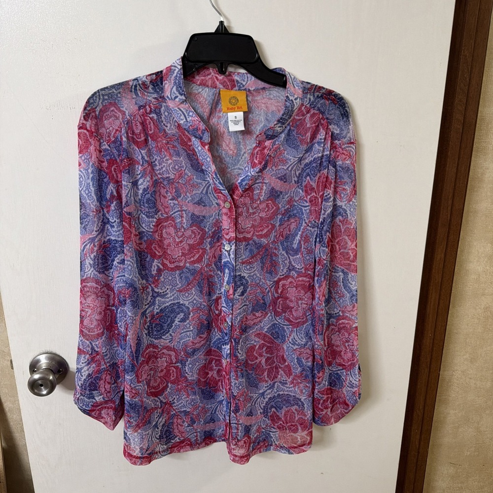 Ruby Rd Womens Purple Pink Floral Long Sleeve Button Up Sheer Blouse Shirt SZ L